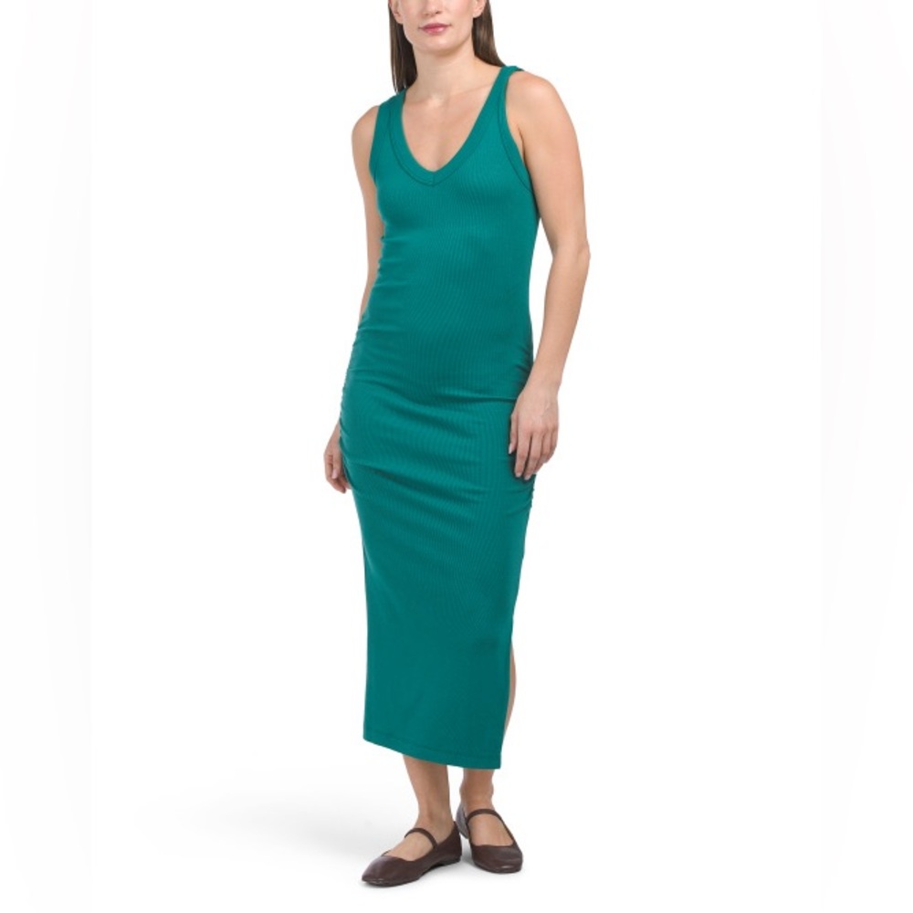 Michael Stars Green Lori V-Neck Ruched Midi Dress, Large